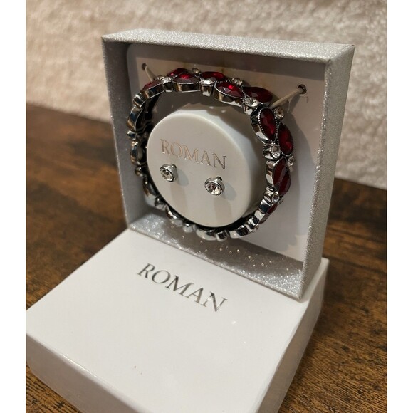 Roman Bracelet Earring Set Red Rhinestone Jewelry Box NEW - Picture 4 of 12
